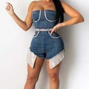 Rhinestone denim romper